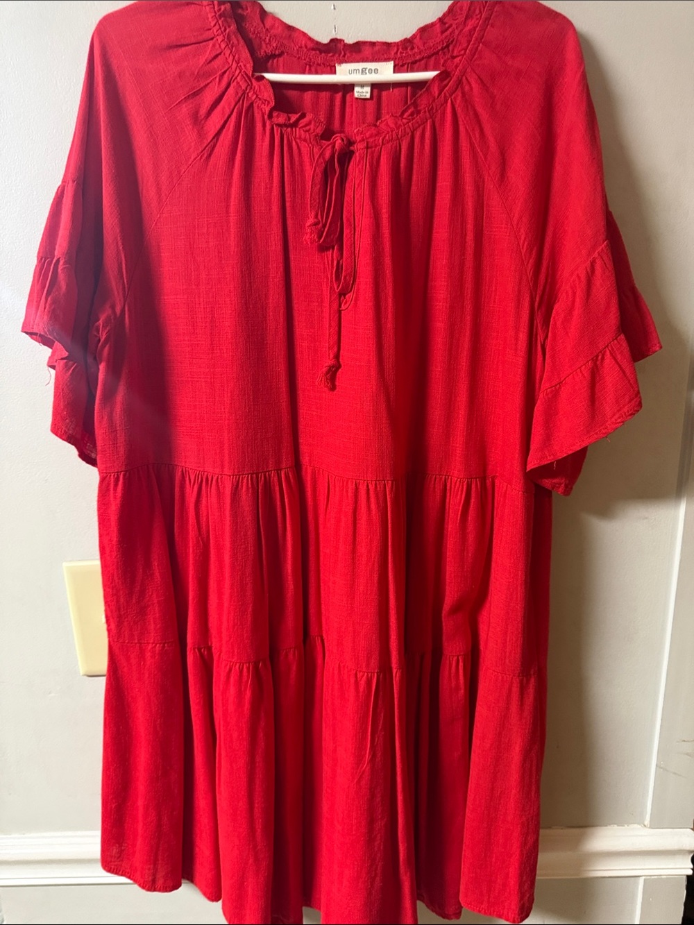 Umgee Bright Red Tiered Tie-Neck Mini Dress